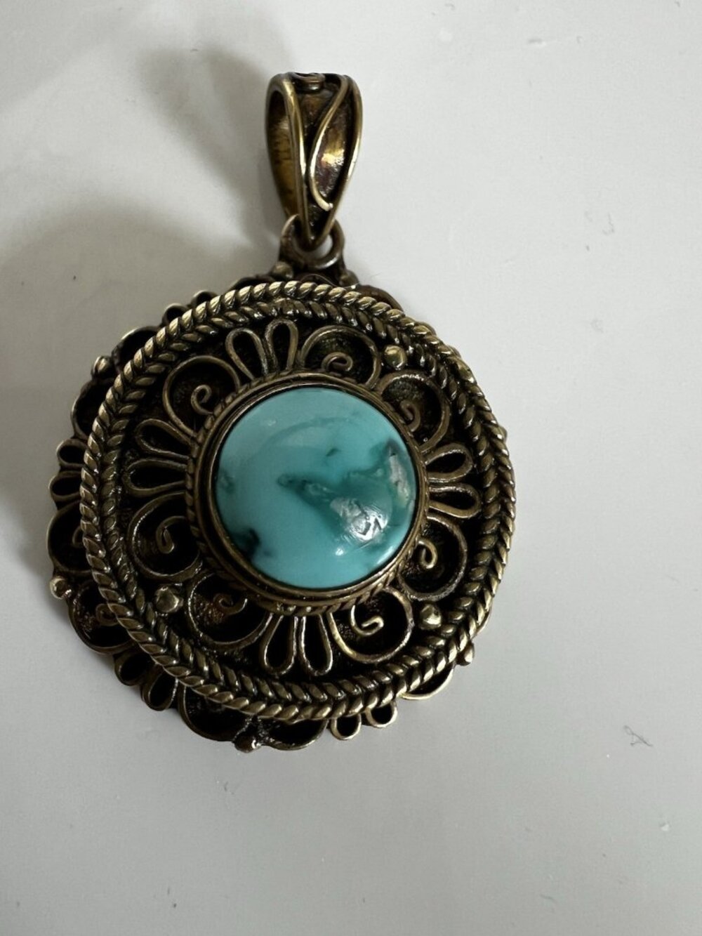 1970s Sleeping Beauty Turquoise Poison Pendant Filigree Secret Compartment 1.25